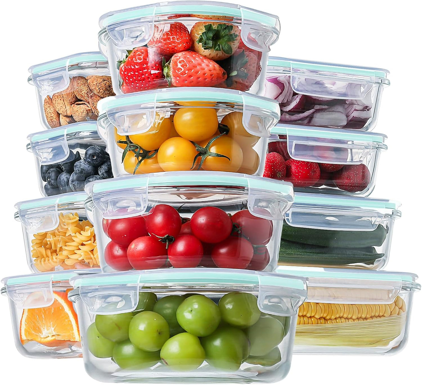 HOMBERKING 24pc Borosilicate Glass Food Storage Containers with Snap Locking Lids, Glass Meal Prep Containers, Airtight Lunch Boxes, Oven, Freezer and Dishwasher Safe, BPA Free, Kitchen Storage Set