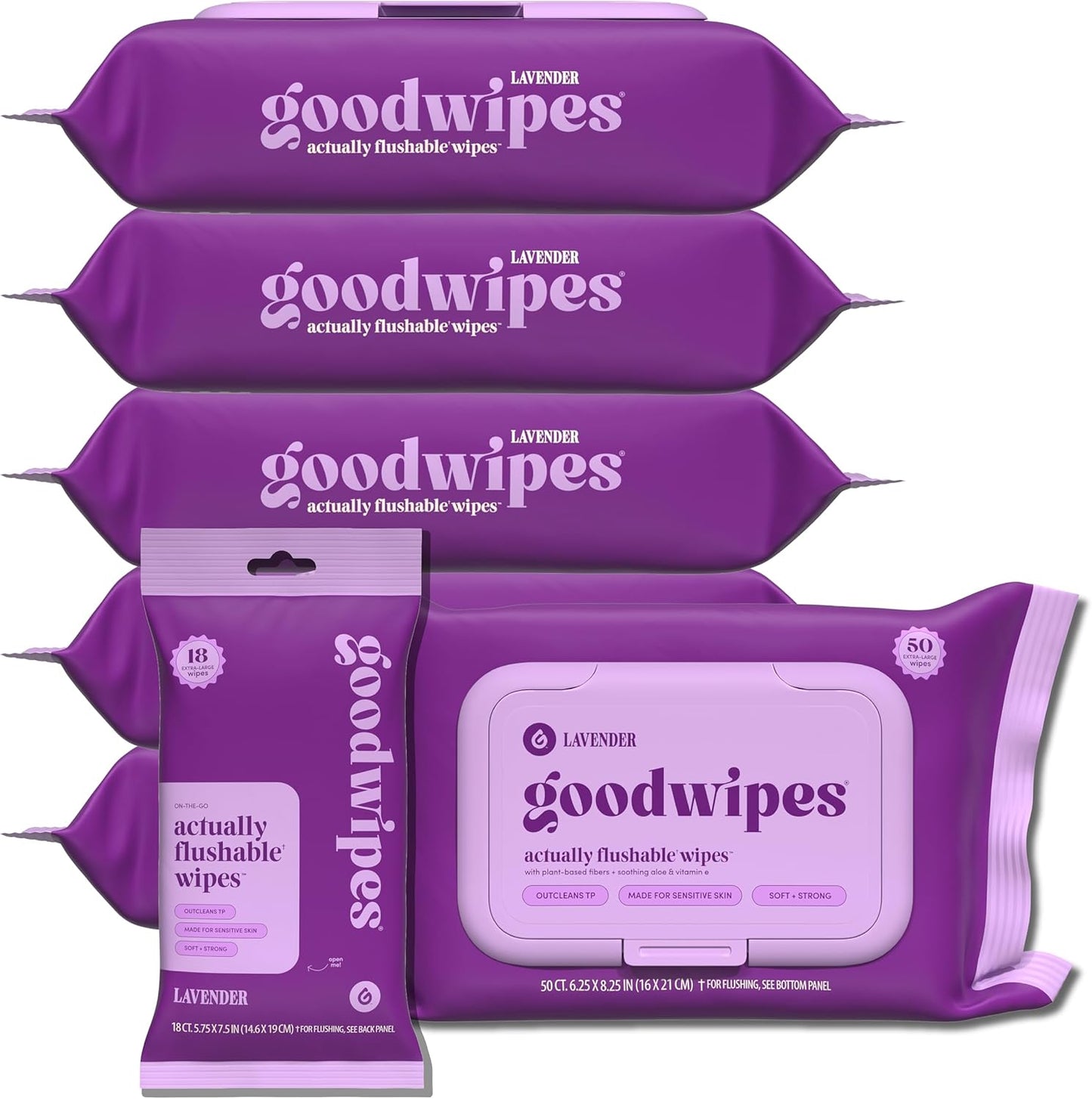 goodwipes Flushable Butt Wipes - Vitamin E & Aloe - Sewer & Septic Safe - Extra Large Adult Wet Wipes For Women & Men - Bathroom Essentials - Rosewater, 318 Count (6 Packs + 1 Travel)