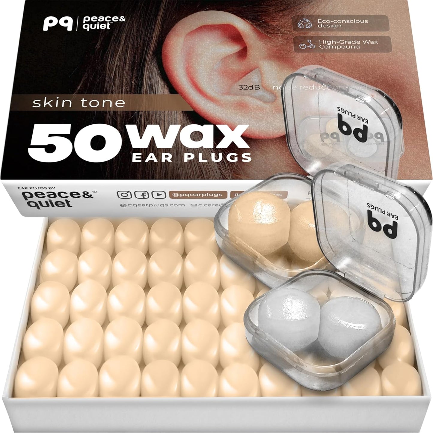PQ Wax Ear Plugs for Sleeping, Swimming - 50 Noise Cancelling Silicone Gel Wax Earplugs, Ear Protection for Sleep and Swim, Soft Wax Pillows with Sound Blocking Level 32Db, (50 Pillows), Color: White