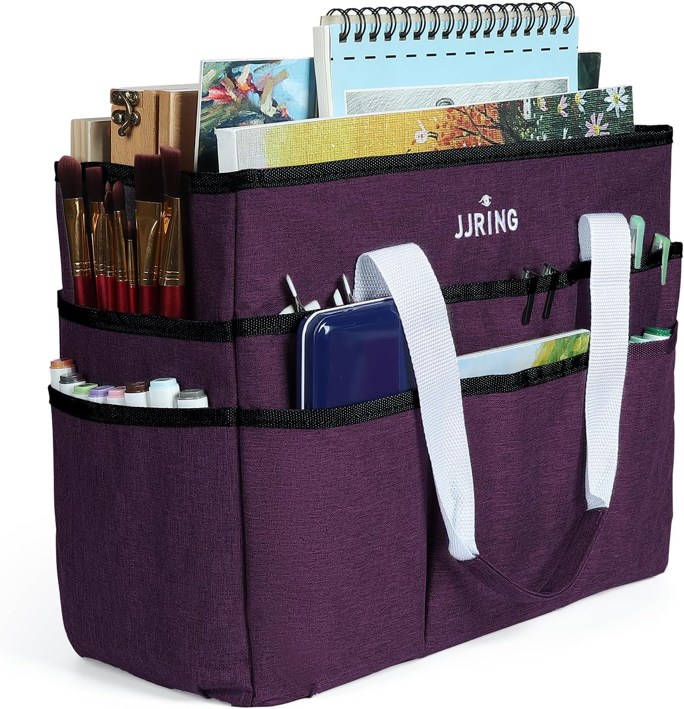 JJRING Craft Organizer Tote Bag, Large Art Storage Caddy with Multiple Pockets, Bluish Green Sewing Bag for Art, Craft, Scrapbooking, School, Medical, and Office Supplies Storage