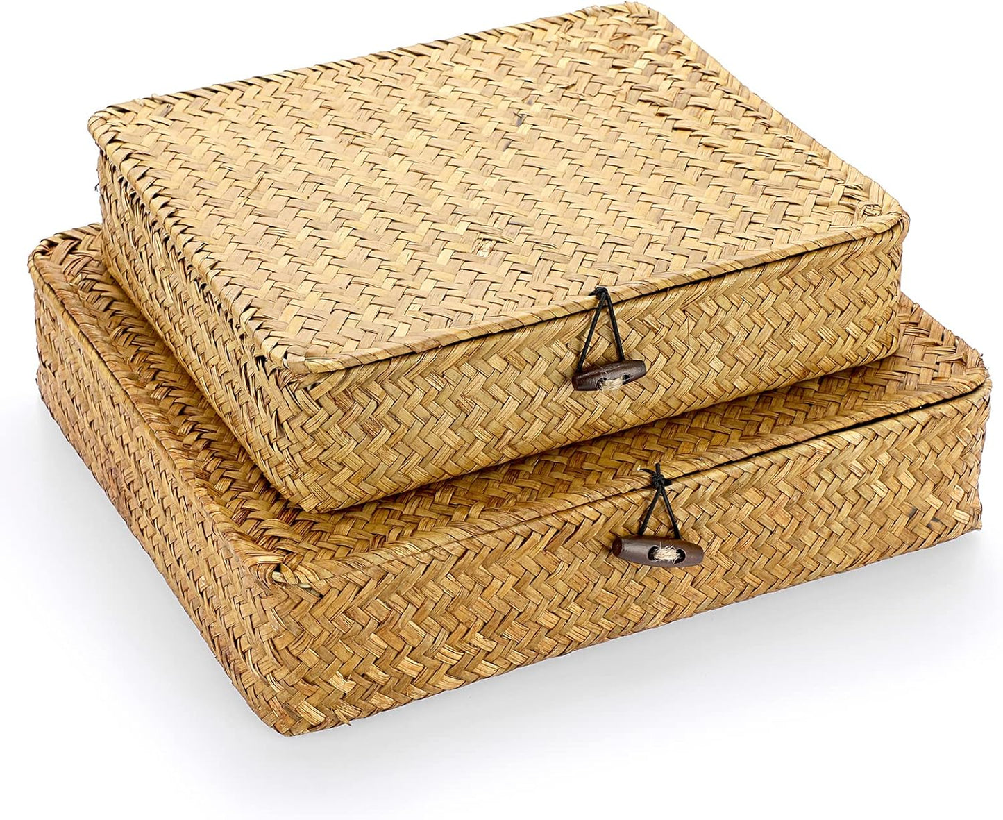 Hipiwe Set of 2 Flat Woven Wicker Storage Bins with Lid Natural Seagrass Basket Multipurpose Home Boxes for Shelf Organizer (Coffee)