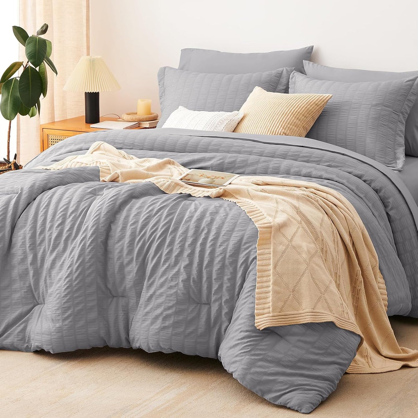 CozyLux Queen Comforter Set White Seersucker 7 Pieces Bed in a Bag Queen Comforter Set with Sheets, Luxury Soft Bedding Set with Down Alternative Comforter, Sheets, Pillowcases & Shams for All Seasons