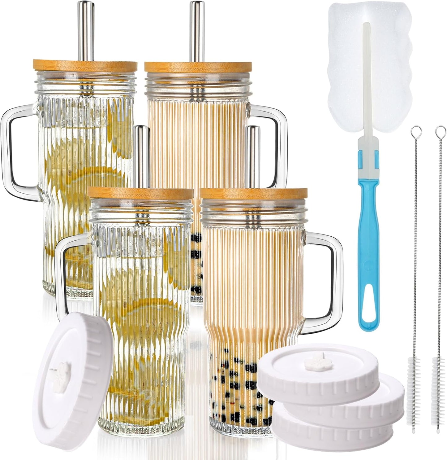 Birity 24oz Glass Cups with Lids and Straws,Glass Tumbler with Handle,2 set–Reusable Glass Ice Coffee Cups with Lid and Straw for Smoothies,Tea,Juice,Boba Cup for Cold & Hot Drinks,Travel Cup