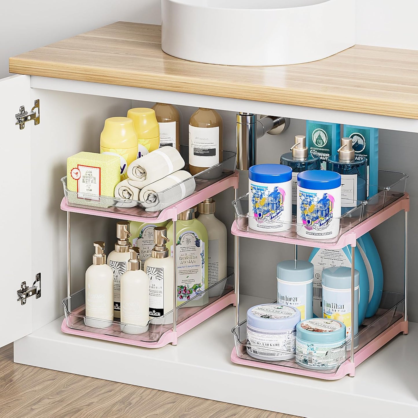 Delamu 2-Tier Multi-Purpose Bathroom Under Sink Organizers and Storage, Stackable Kitchen Pantry Organization, Pull Out Medicine Cabinet Organizer with Movable Dividers, White, 2 Pack