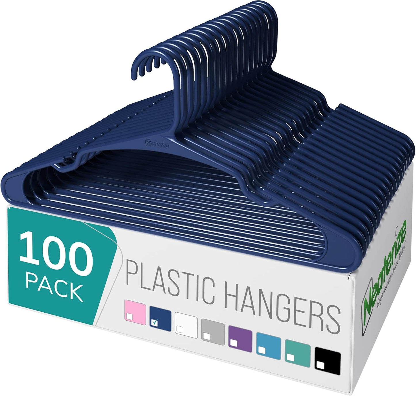 NEATERIZE Clothes Hangers Plastic 100 Pack for Adults - Plastic Hangers, The Perfect Coat Hanger and Space Saving Clothes Hangers for Closet - White Hangers