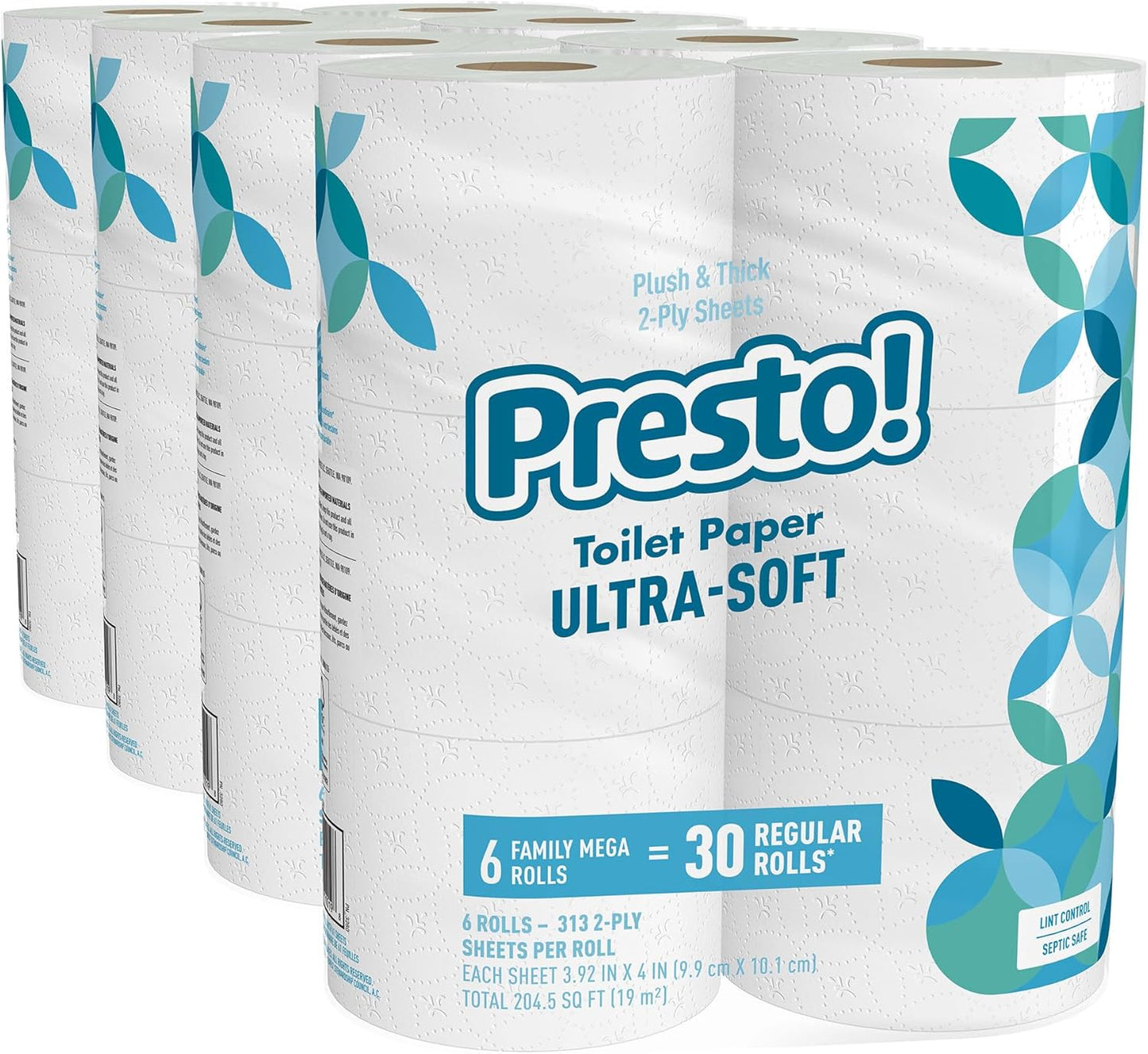 Amazon Brand - Presto! 2-Ply Ultra-Soft Toilet Paper, 6 Family Mega Rolls = 30 regular rolls, 1878 Count (6 roll of 313 sheets), Unscented, White