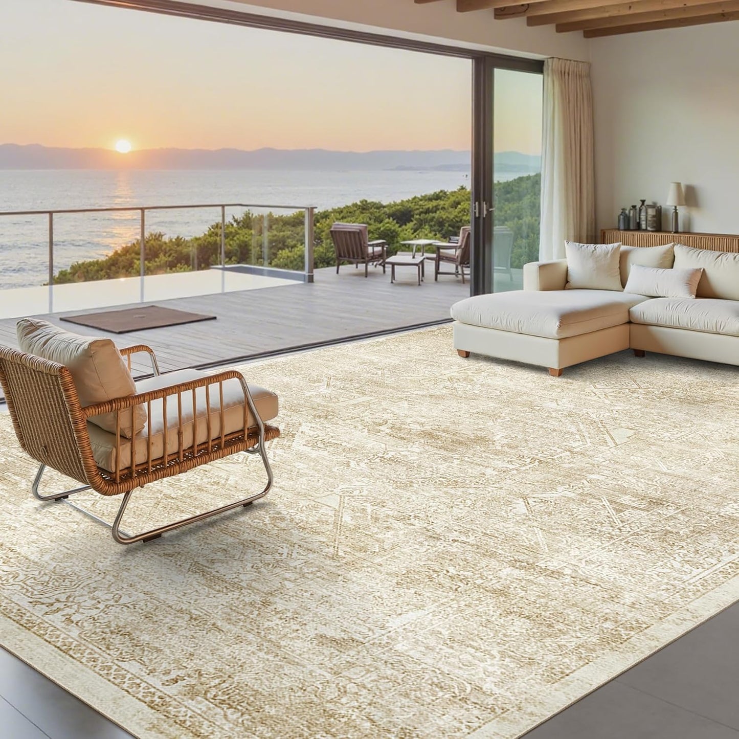 Washable Area Rug 8x10, Large Soft Rugs for Living Room Vintage Beige Carpet 8x10 Area Rugs for Bedroom Dining Room Non-Slip Stain Resistant Under Table Rug