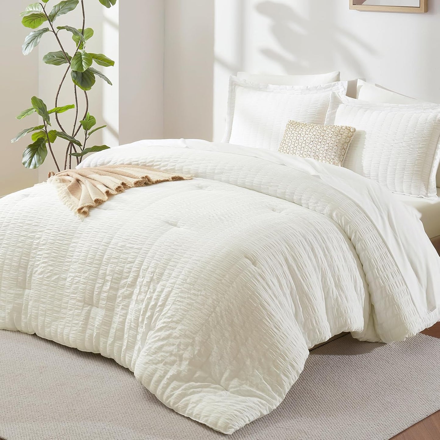 CozyLux Queen Comforter Set White Seersucker 7 Pieces Bed in a Bag Queen Comforter Set with Sheets, Luxury Soft Bedding Set with Down Alternative Comforter, Sheets, Pillowcases & Shams for All Seasons