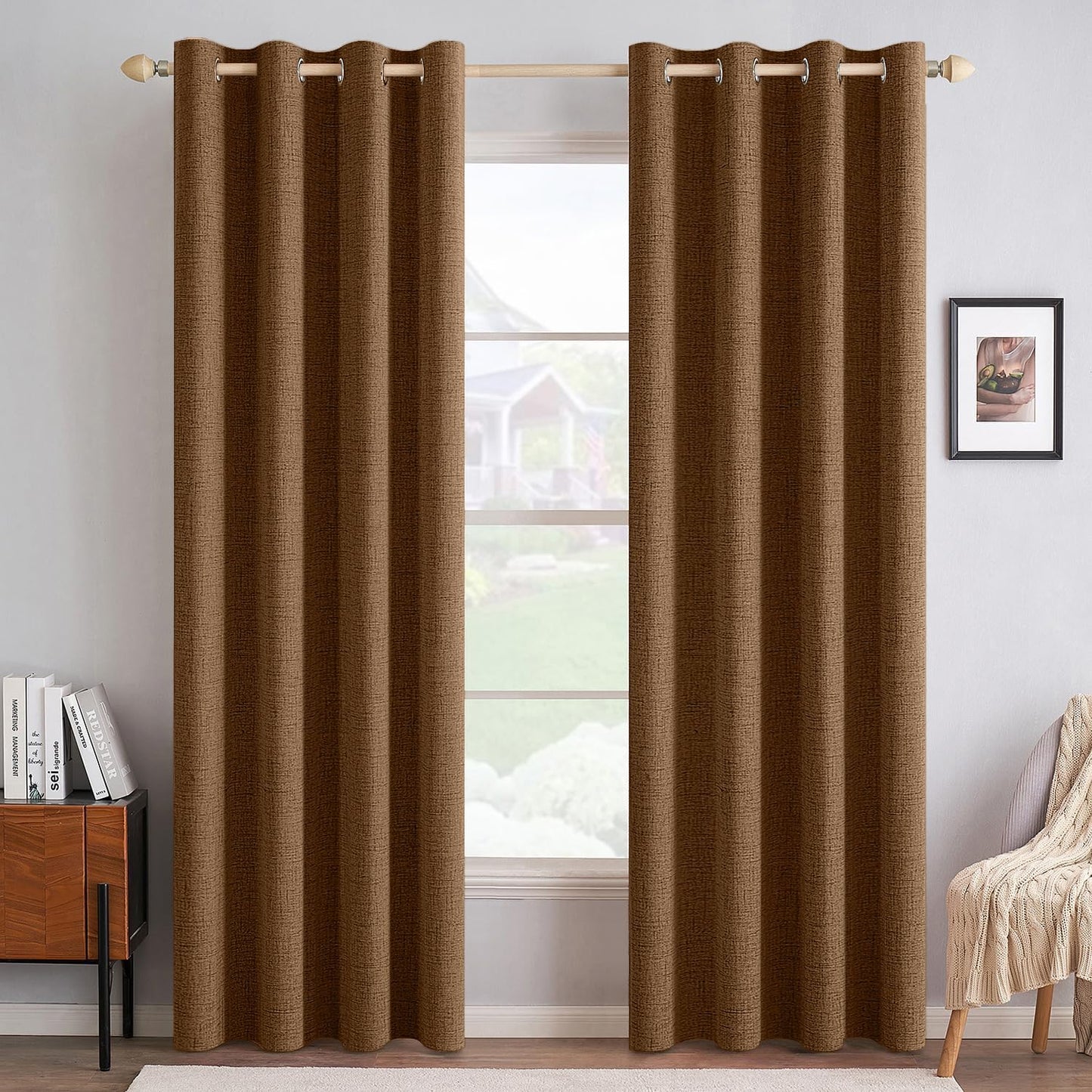 MIULEE 100% Blackout Linen Textured Curtains for Bedroom Solid Thermal Insulated Natural Beige Grommet Room Darkening Curtains & Drapes Luxury Decor for Living Room Nursery 52 x 84 Inch (2 Panels)