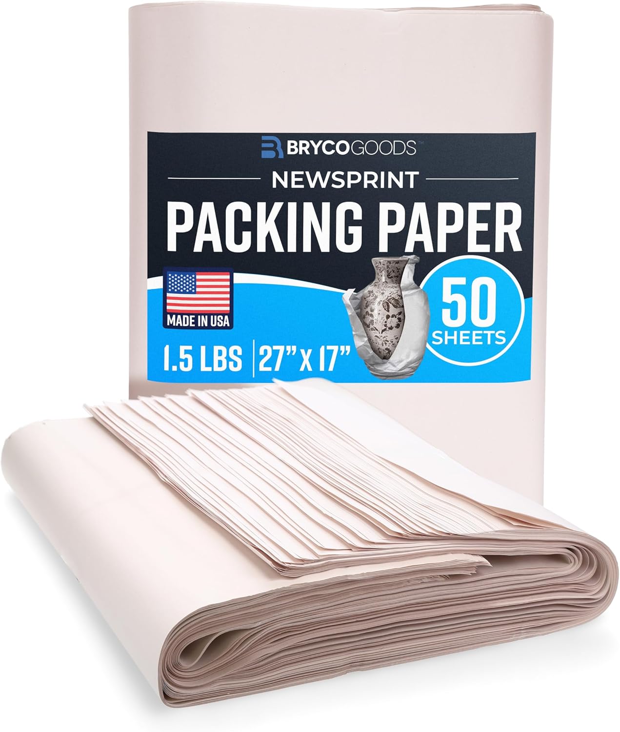 Bryco Goods Newsprint Packing Paper Sheets for Moving - 10lb - 320 Sheets of Newspaper Paper - Wrapping and Protecting Fragile Items, Box Filler, Shipping Supplies - 27" x 17" - Made in the USA
