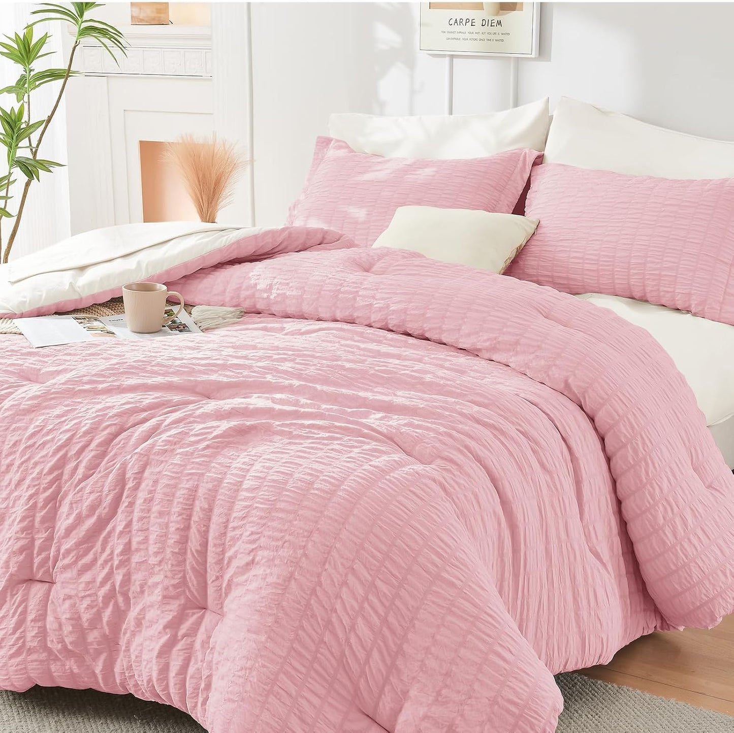 HYMOKEGE Queen Comforter Set Seersucker 7 Pieces, All Season Luxury Bed in a Bag for Bedroom, Bedding Set with Comforters, Sheets, Pillowcases & Shams, Dark Grey