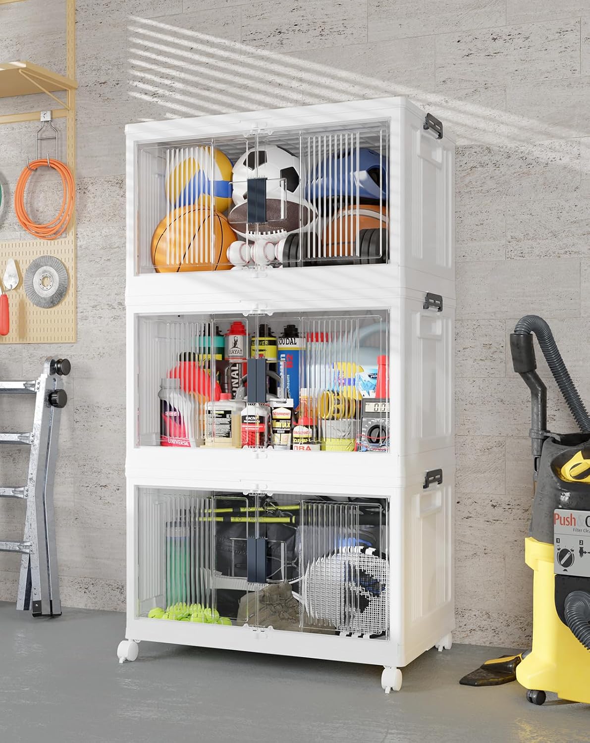 OlarHike 144QT Lockable Storage Bins with Lids - Folding Storage Cabinet with Doors and Wheels, Collapsible Plastic Box for Closets, Office, Stackable Organizer and Containers, Gifts, 3 Pack Cubes