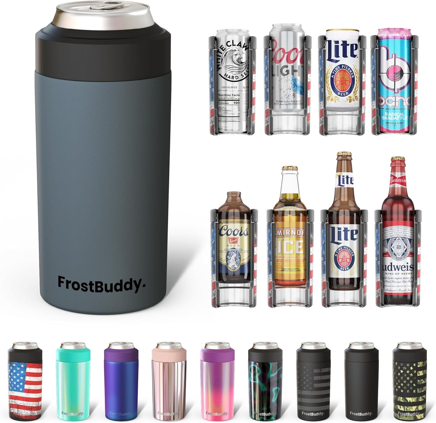 Frost Buddy Universal Can Cooler - Fits All - For Regular 12 & 16 oz or Slim-Size Bottles - Insulated Double-Walled Stainless Steel (MatteBlack)