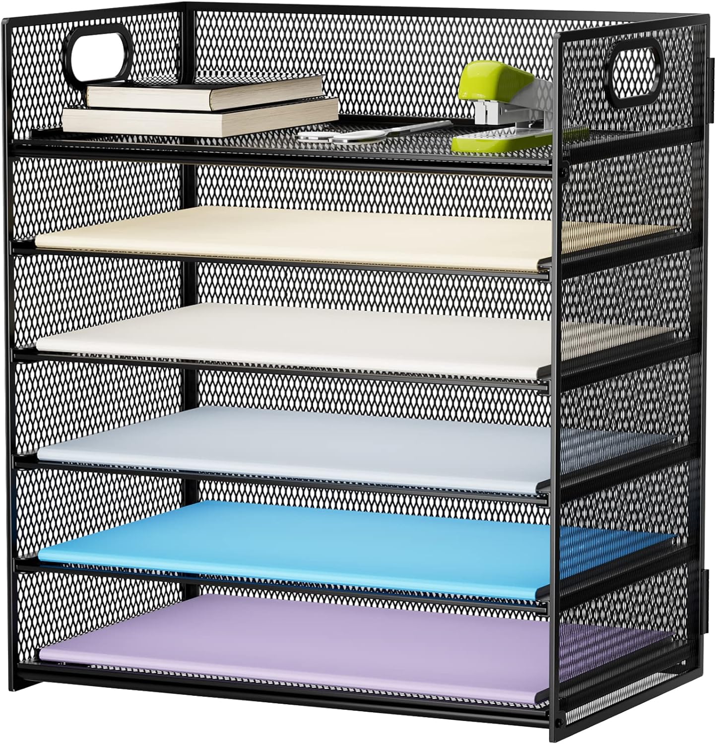 Marbrasse 6 Tier Paper Organizer Letter Tray - Mesh Desk File Organizer with Handle, Paper Sorter Organizer for Letter/A4 Office File Folder Holder - Black