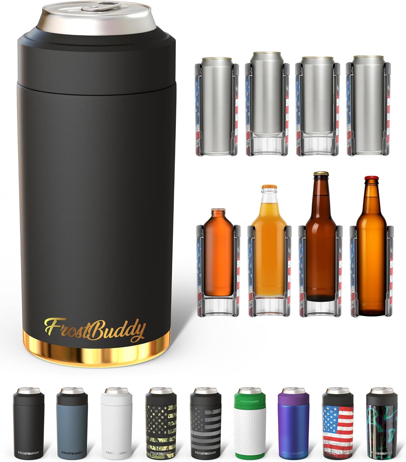Frost Buddy Universal Can Cooler - Fits All - For Regular 12 & 16 oz or Slim-Size Bottles - Insulated Double-Walled Stainless Steel (MatteBlack)