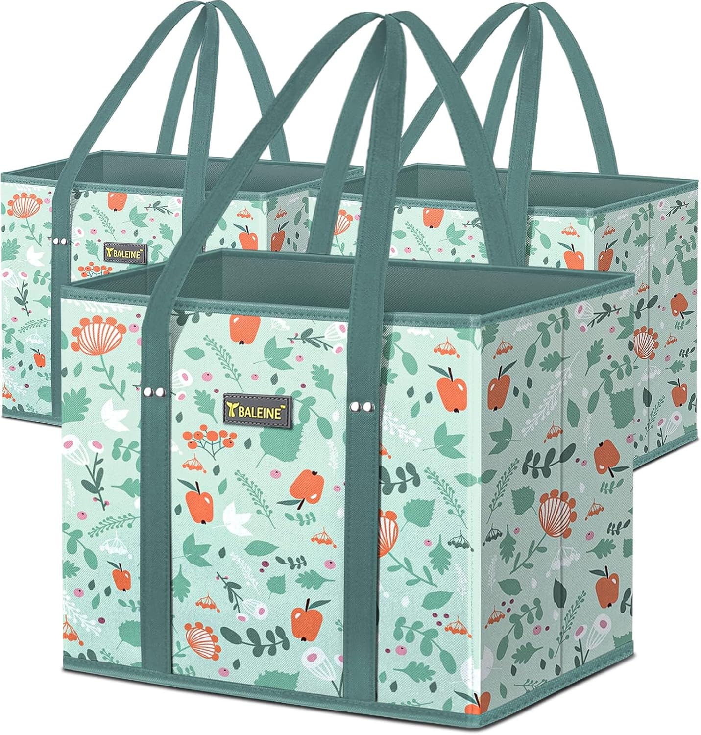 BALEINE 3Pk Reusable Grocery Bags, Foldable Shopping Bags for Groceries with Reinforced Bottom & Handles (Blossom Season)