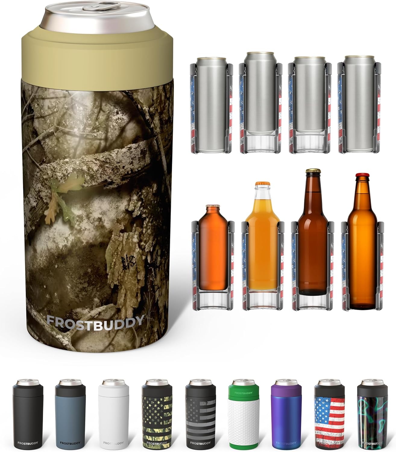 Frost Buddy Universal Can Cooler - Fits All - For Regular 12 & 16 oz or Slim-Size Bottles - Insulated Double-Walled Stainless Steel (MatteBlack)