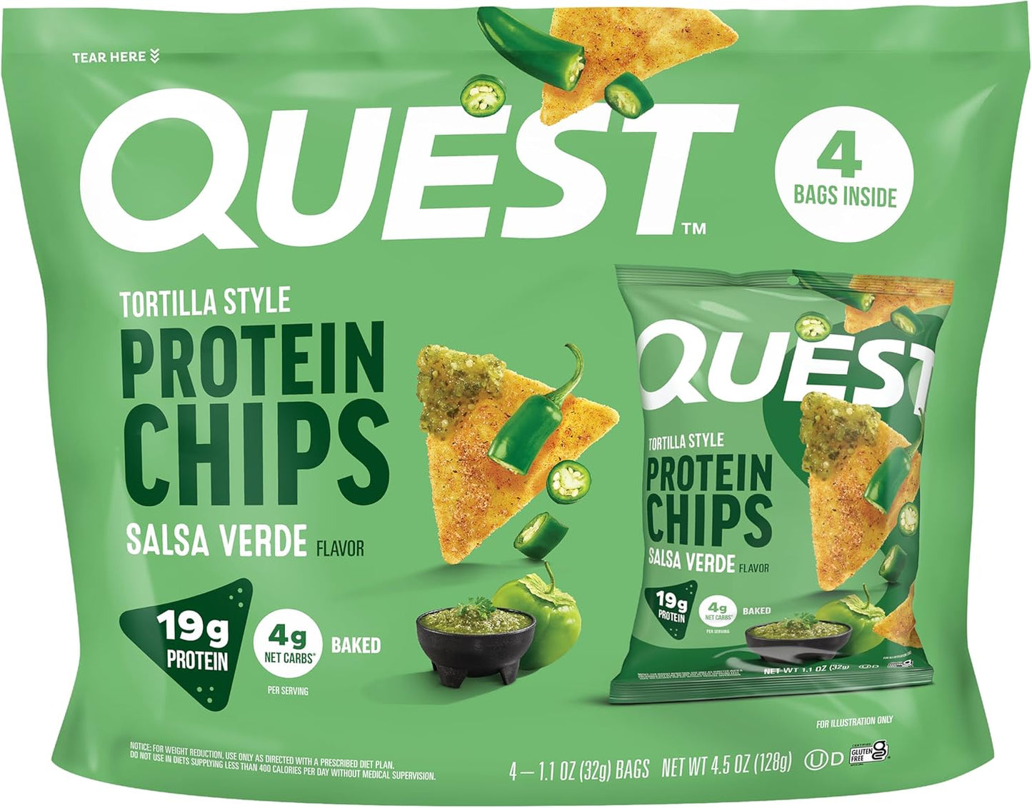Quest Nutrition Nacho Cheese Tortilla Style Protein Chips, 18g Protein, 4g Net Carb, Low Carb, Gluten Free, 1.1 oz (Pack of 12)
