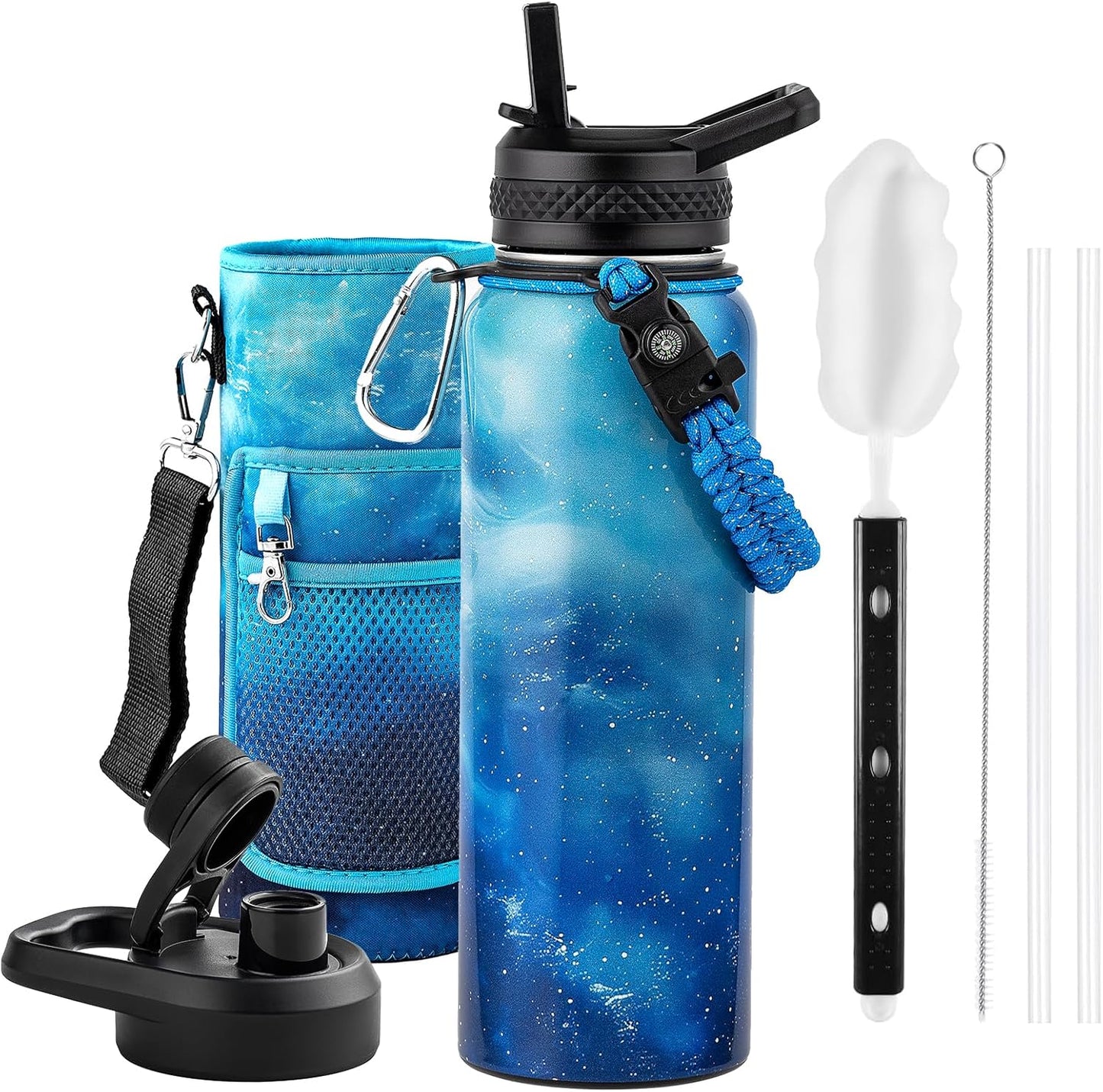 One Gallon Water Bottle Insulated, Triple Walled Vacuum Stainless Steel (Cold for 48 Hrs), Leak Proof & Non-BPA, Large Water Flask Jug with Paracord Handle & Straw Spout Lids
