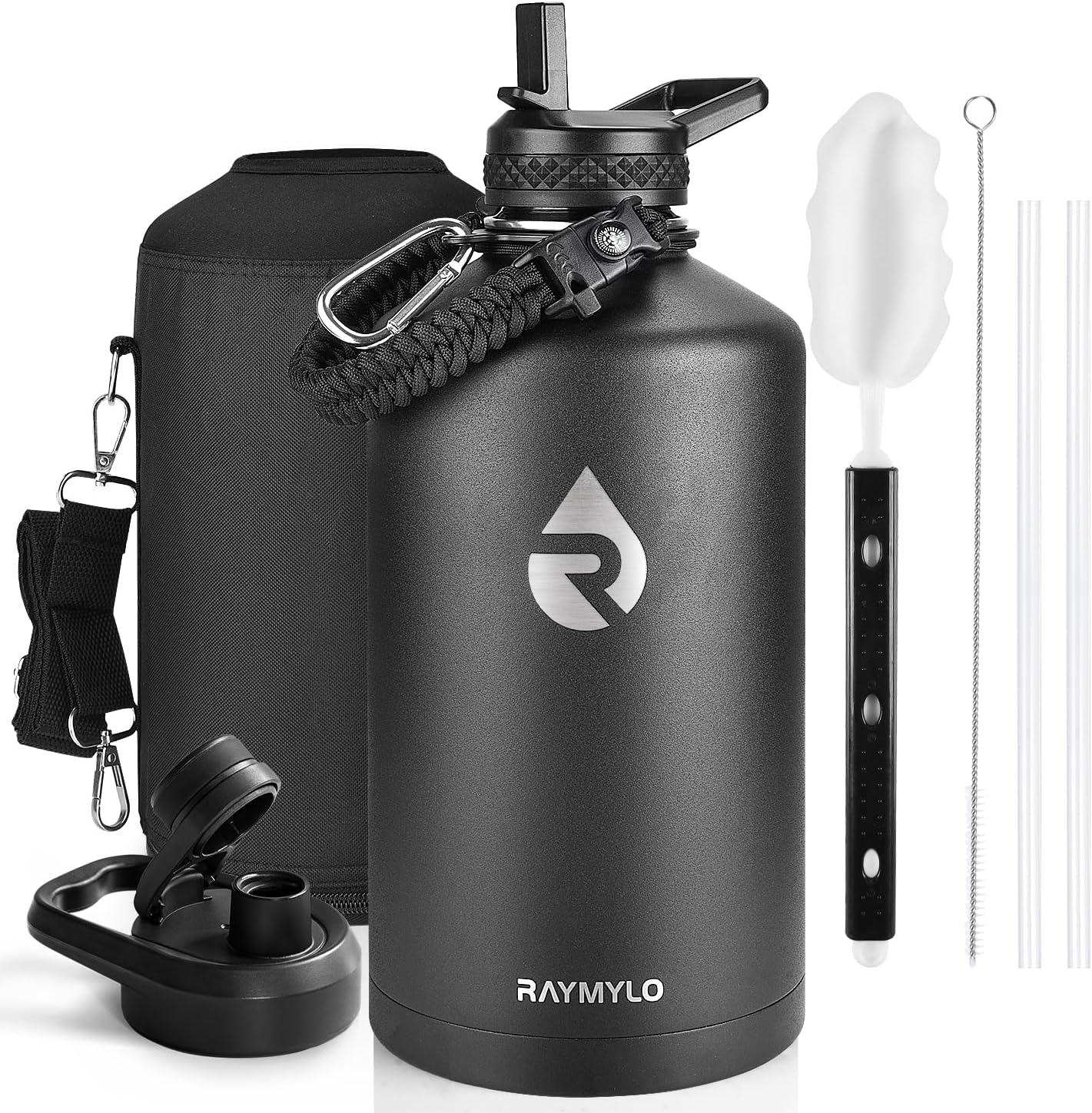 One Gallon Water Bottle Insulated, Triple Walled Vacuum Stainless Steel (Cold for 48 Hrs), Leak Proof & Non-BPA, Large Water Flask Jug with Paracord Handle & Straw Spout Lids