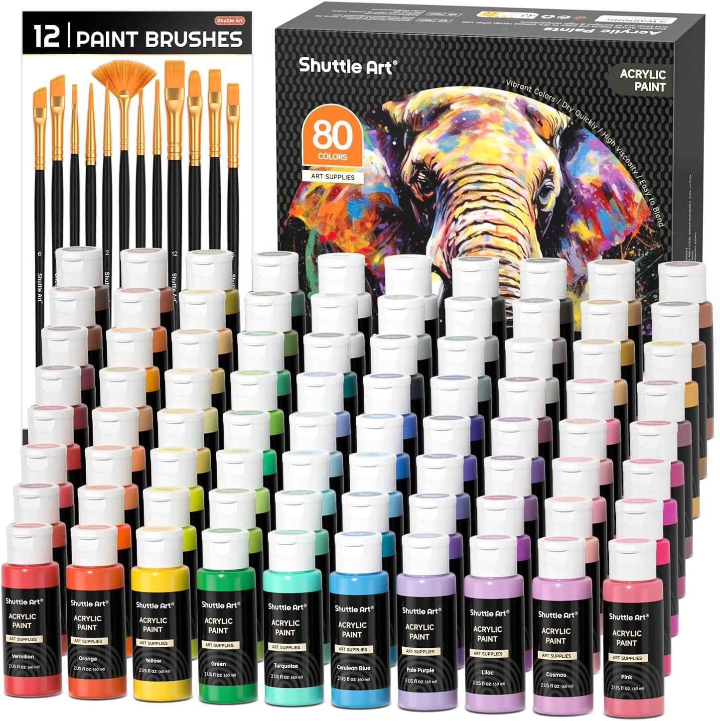 Shuttle Art Acrylic Paint, 36 Colors Acrylic Paint Set with Brushes & Palette, 2oz/60ml Bottles, Rich Pigments Non-toxic for Artists Kids & Adults, Painting on Canvas Rocks Ceramic Wood