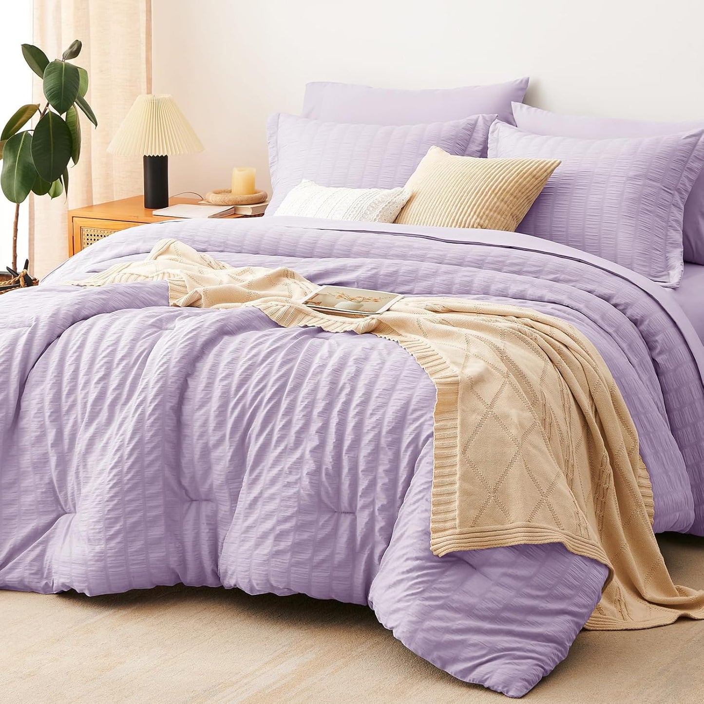 CozyLux Queen Comforter Set White Seersucker 7 Pieces Bed in a Bag Queen Comforter Set with Sheets, Luxury Soft Bedding Set with Down Alternative Comforter, Sheets, Pillowcases & Shams for All Seasons