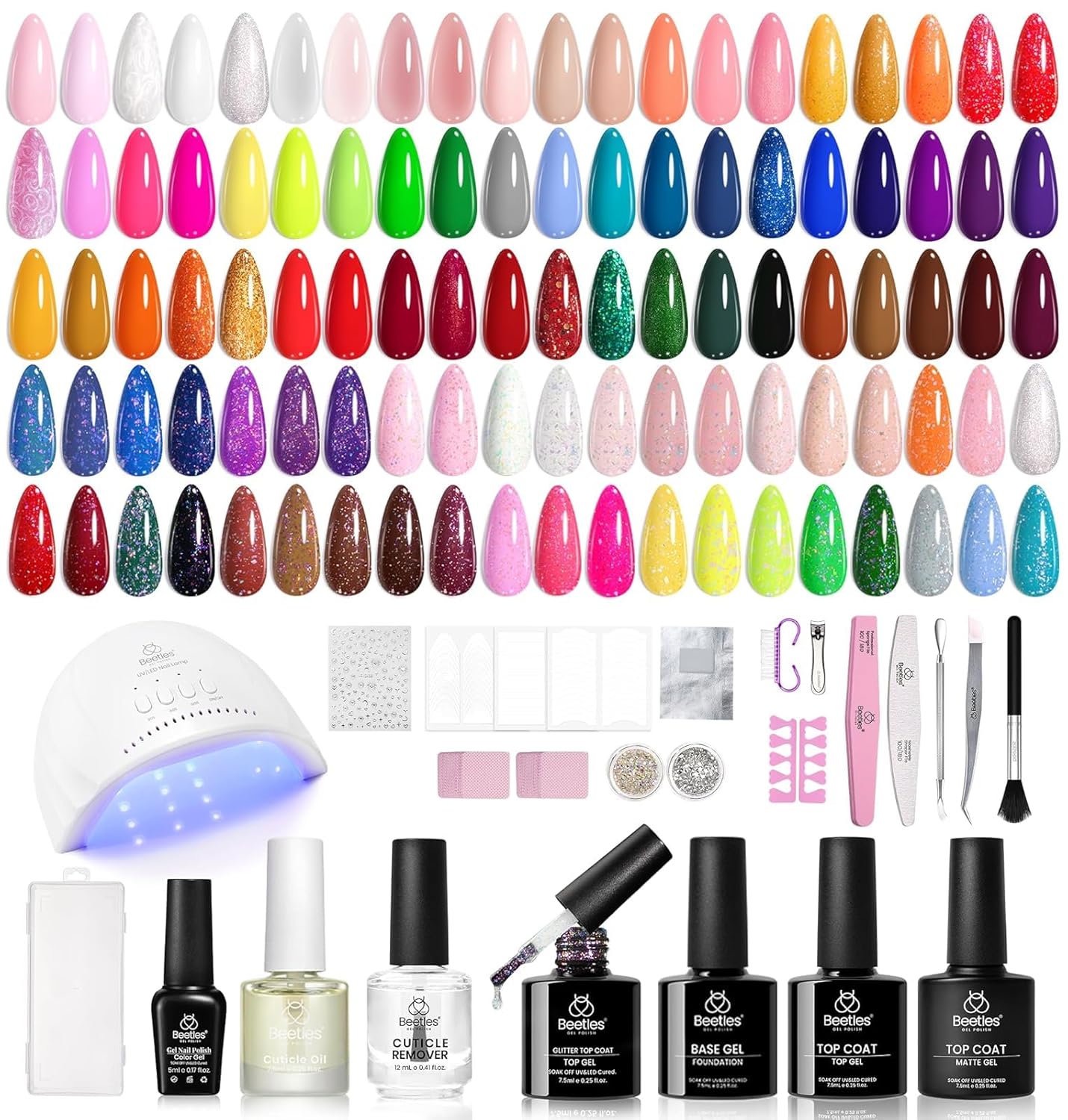 Beetles Gel Nail Polish Kit with U V Light - 80Pcs Color Enchantment 55 Colors Gel Polish Starter Kit with Base Top Coat DIY Nails Supply Stickers Manicure Tools Home Salon Gift for Women Teens Girls
