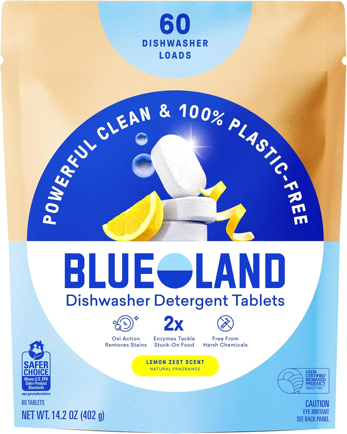 BLUELAND 100% Plastic-Free Dishwasher Detergent Tablets, 60 Count, Free & Clear, Eco-Friendly Dishwashing Pods, Natural, USDA Certified biobased