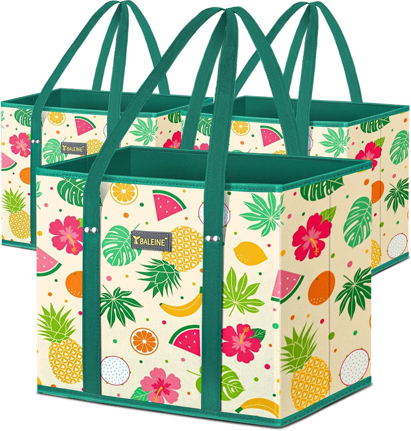 BALEINE 3Pk Reusable Grocery Bags, Foldable Shopping Bags for Groceries with Reinforced Bottom & Handles (Blossom Season)
