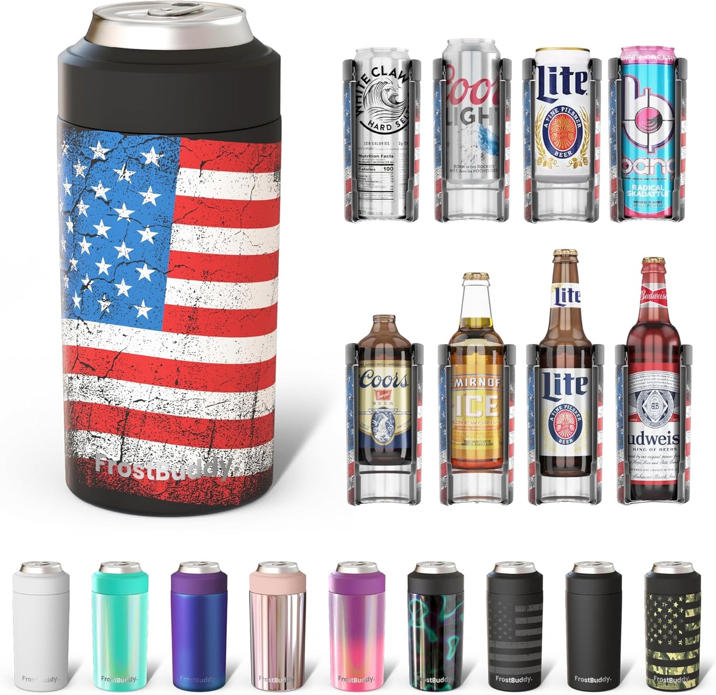 Frost Buddy Universal Can Cooler - Fits All - For Regular 12 & 16 oz or Slim-Size Bottles - Insulated Double-Walled Stainless Steel (MatteBlack)