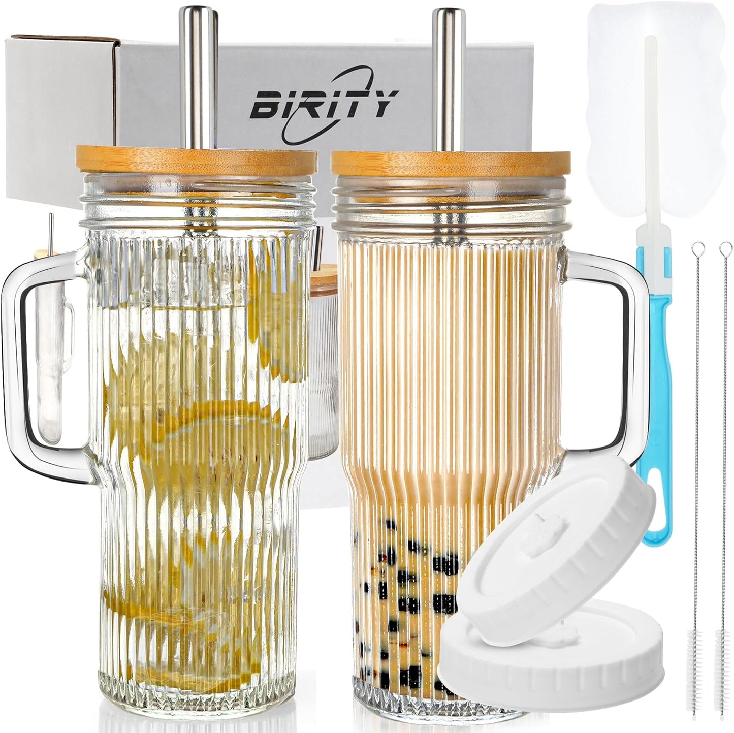 Birity 24oz Glass Cups with Lids and Straws,Glass Tumbler with Handle,2 set–Reusable Glass Ice Coffee Cups with Lid and Straw for Smoothies,Tea,Juice,Boba Cup for Cold & Hot Drinks,Travel Cup