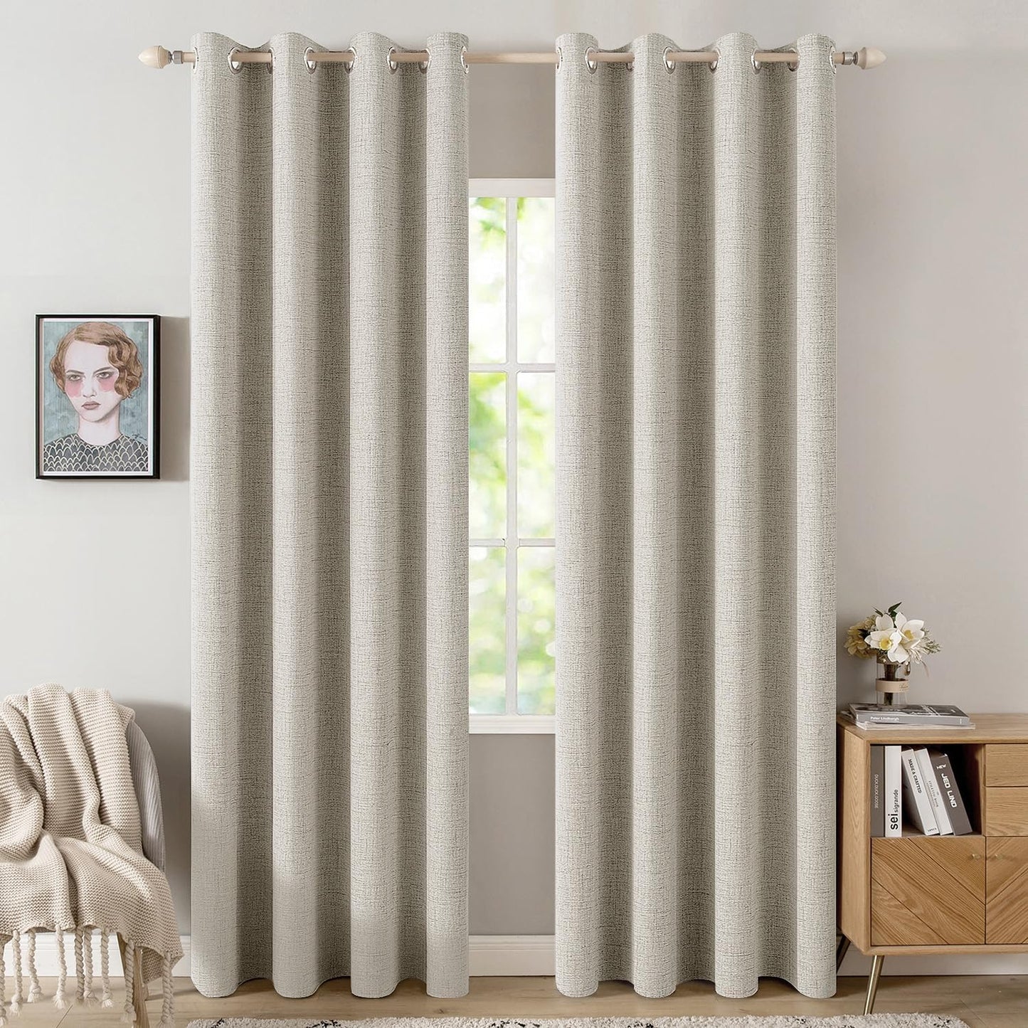 MIULEE 100% Blackout Linen Textured Curtains for Bedroom Solid Thermal Insulated Natural Beige Grommet Room Darkening Curtains & Drapes Luxury Decor for Living Room Nursery 52 x 84 Inch (2 Panels)