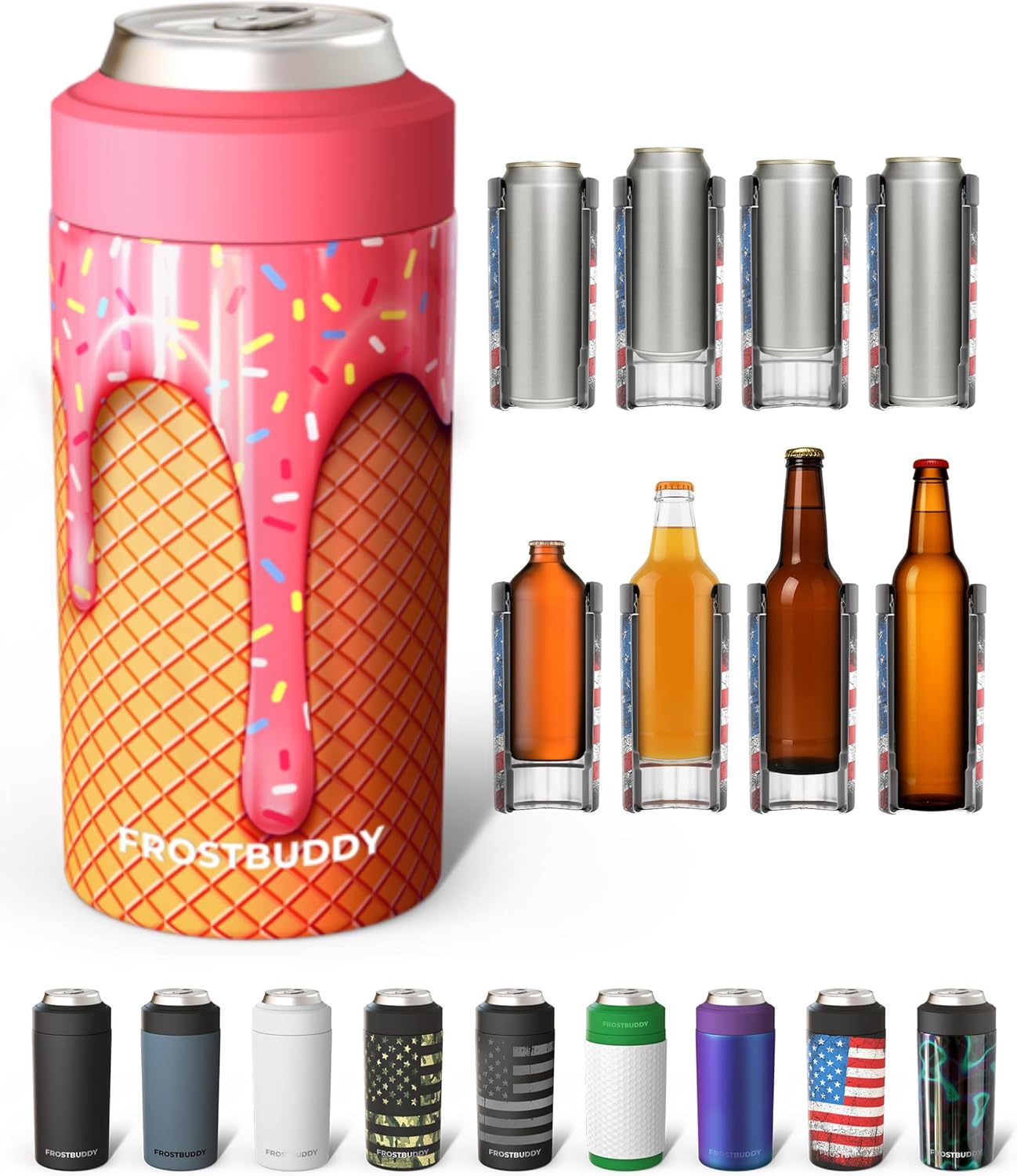 Frost Buddy Universal Can Cooler - Fits All - For Regular 12 & 16 oz or Slim-Size Bottles - Insulated Double-Walled Stainless Steel (MatteBlack)