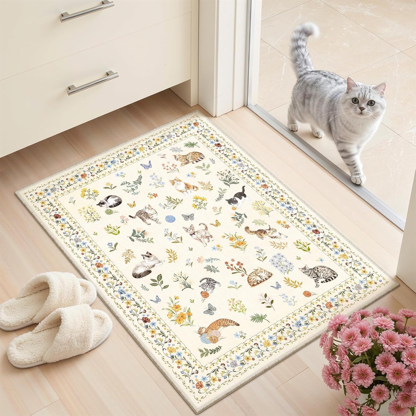 Washable Area Rug 8x10, Large Soft Rugs for Living Room Vintage Beige Carpet 8x10 Area Rugs for Bedroom Dining Room Non-Slip Stain Resistant Under Table Rug