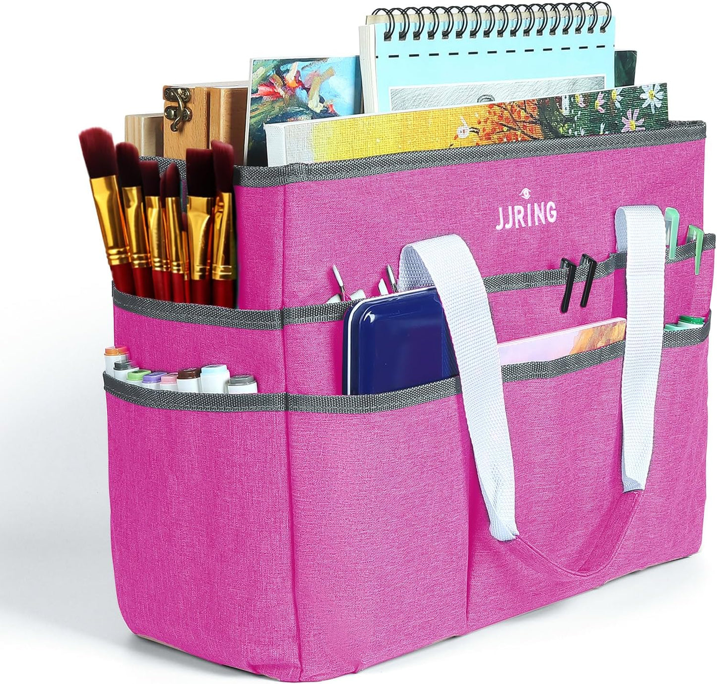 JJRING Craft Organizer Tote Bag, Large Art Storage Caddy with Multiple Pockets, Bluish Green Sewing Bag for Art, Craft, Scrapbooking, School, Medical, and Office Supplies Storage