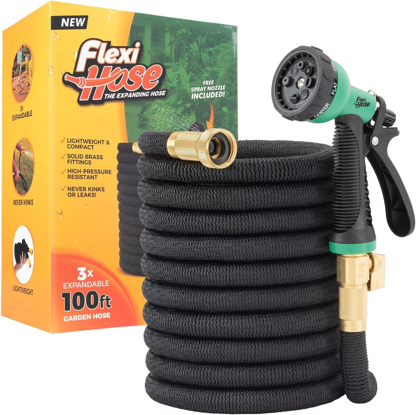 Flexi Hose Expandable Garden Hose with 8 Function Nozzle, 50FT - Lightweight Retractable Garden Hose, Water Hose - No-Kink Flexibility, 3/4 Inch Solid Brass Fittings and Double Latex Core