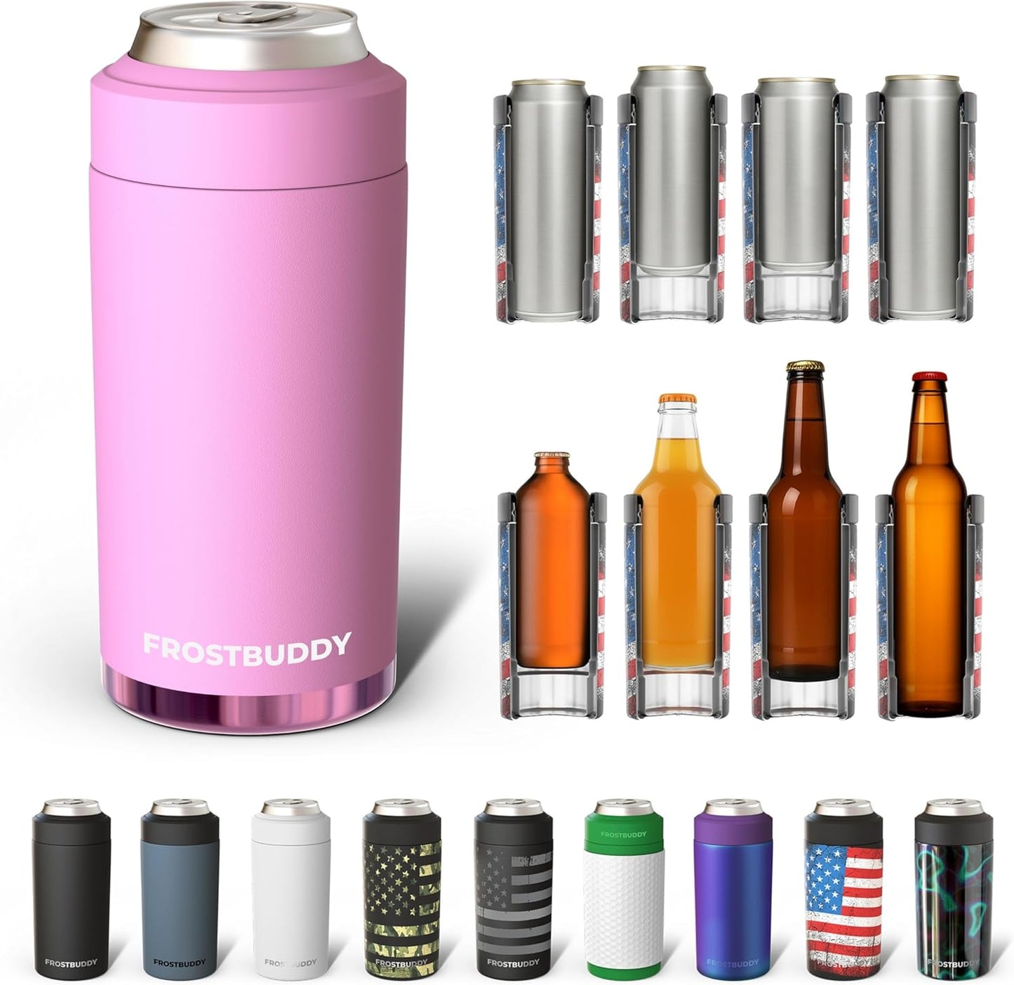 Frost Buddy Universal Can Cooler - Fits All - For Regular 12 & 16 oz or Slim-Size Bottles - Insulated Double-Walled Stainless Steel (MatteBlack)