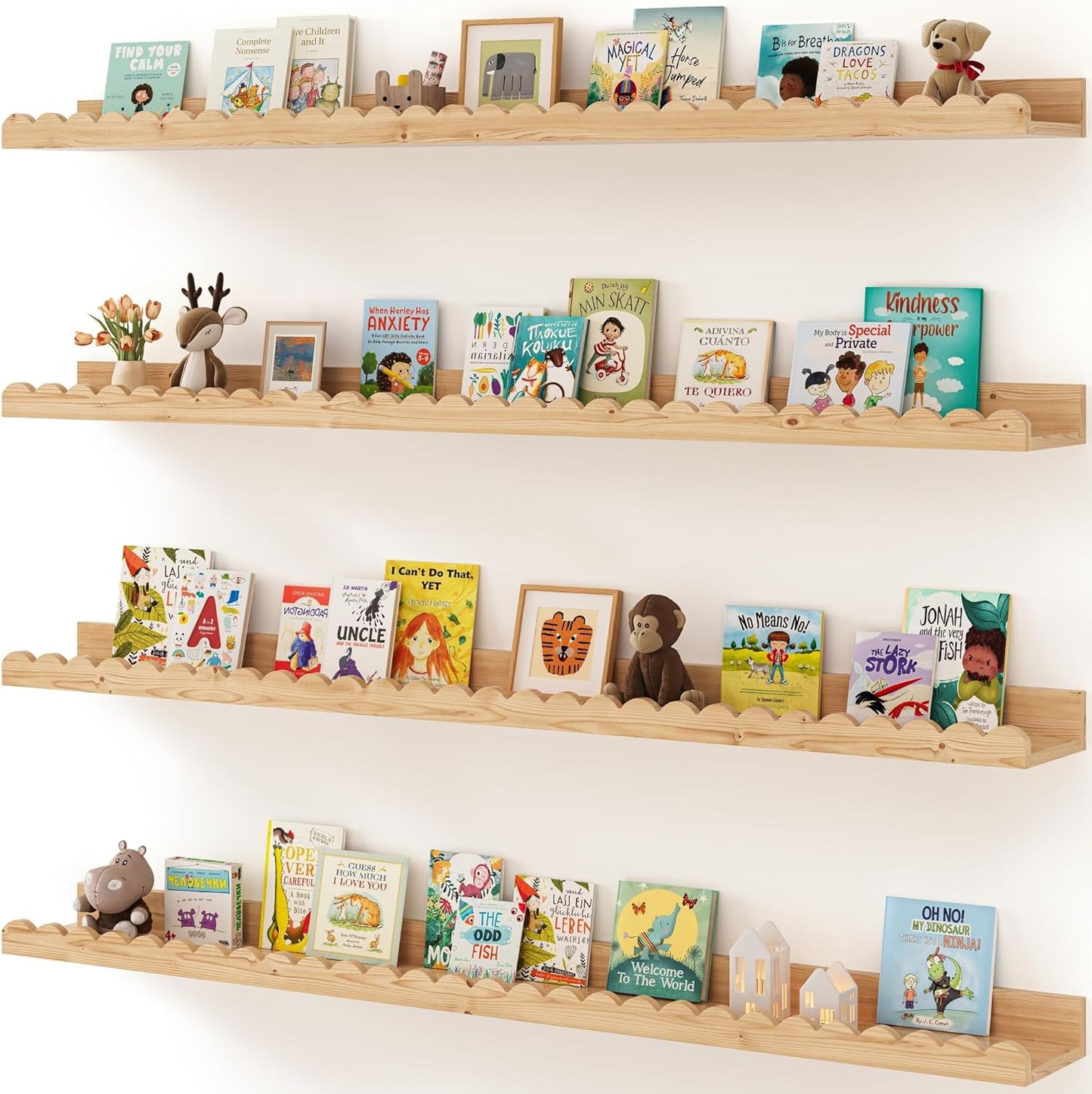 Shario Nursery Book Shelves, 4-Pack White Floating Shelves for Wall Kids, Scalloped Shelves, Wall Book Shelves for Bedroom Kids, Toddler Room, Baby Room, Nursery Decor