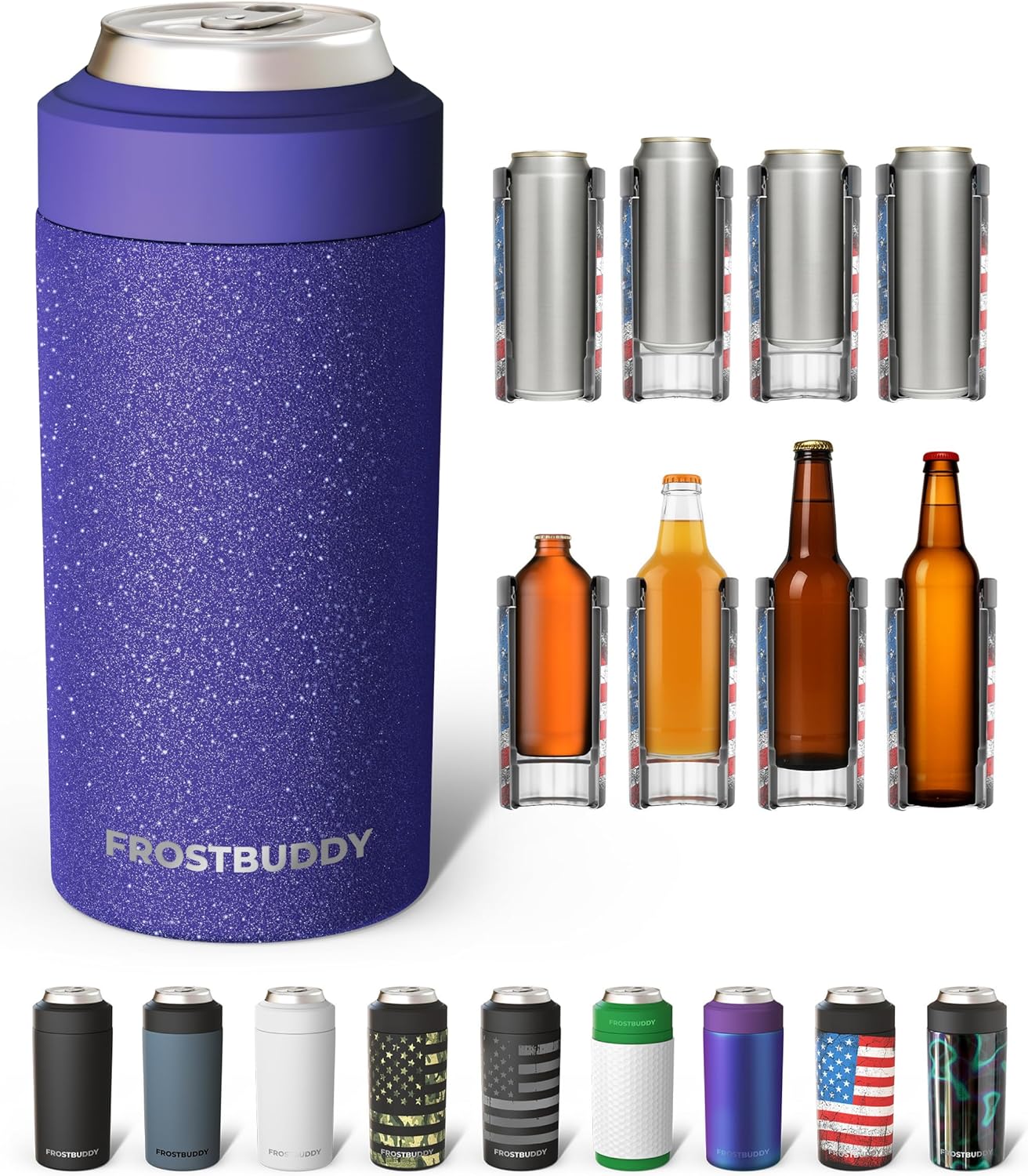 Frost Buddy Universal Can Cooler - Fits All - For Regular 12 & 16 oz or Slim-Size Bottles - Insulated Double-Walled Stainless Steel (MatteBlack)