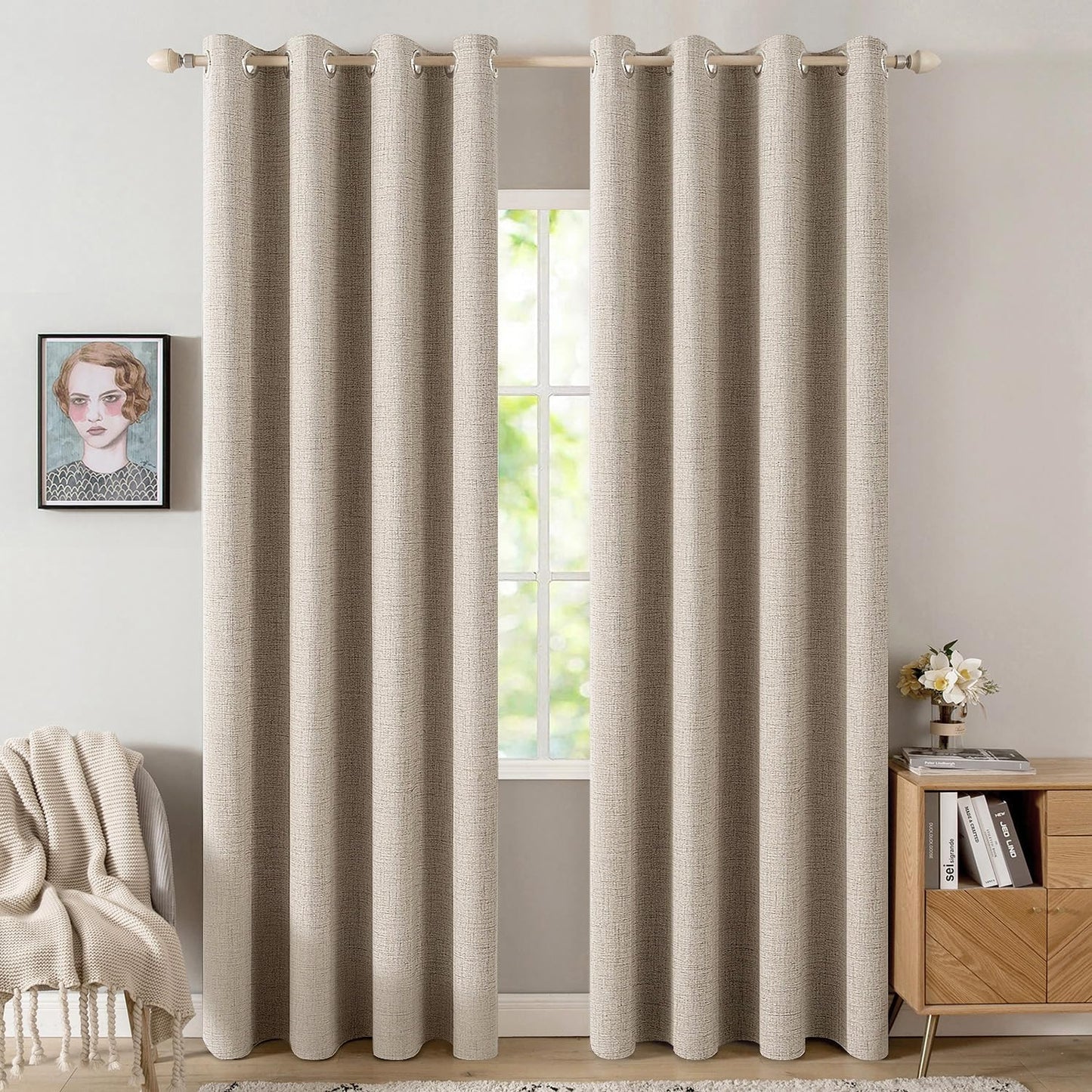 MIULEE 100% Blackout Linen Textured Curtains for Bedroom Solid Thermal Insulated Natural Beige Grommet Room Darkening Curtains & Drapes Luxury Decor for Living Room Nursery 52 x 84 Inch (2 Panels)