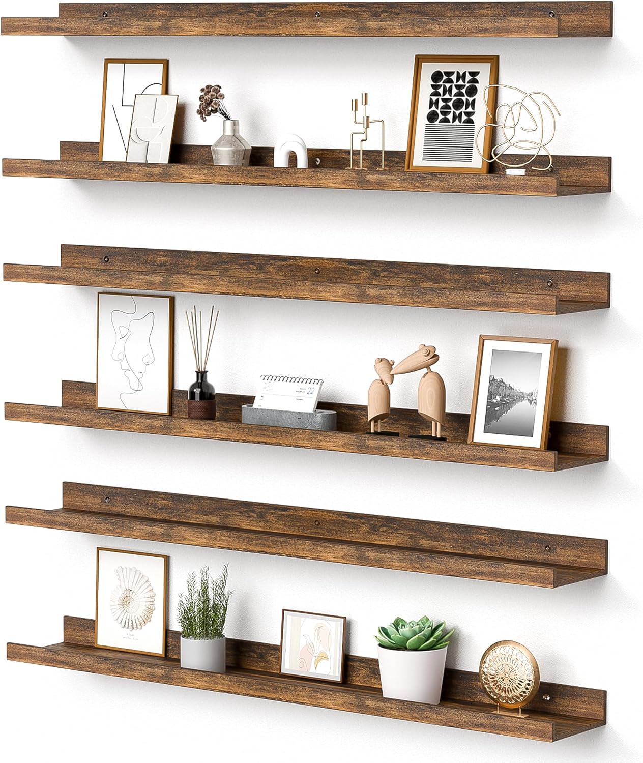 upsimples Floating Shelves for Wall, Wall Shelves for Decor Storage Set of 6, Wall Mounted Wood Shelf for Bedroom, Living Room, Bathroom, Kitchen, Picture Ledge Shelf, Black