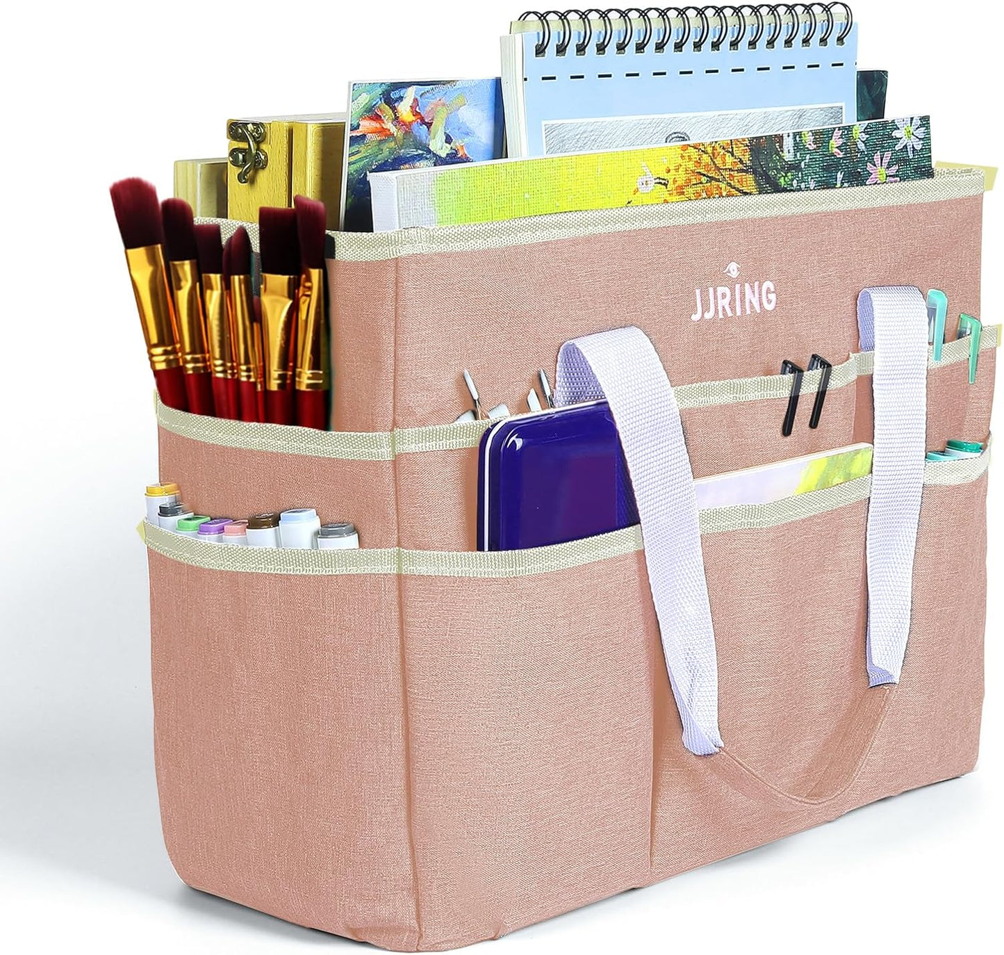 JJRING Craft Organizer Tote Bag, Large Art Storage Caddy with Multiple Pockets, Bluish Green Sewing Bag for Art, Craft, Scrapbooking, School, Medical, and Office Supplies Storage