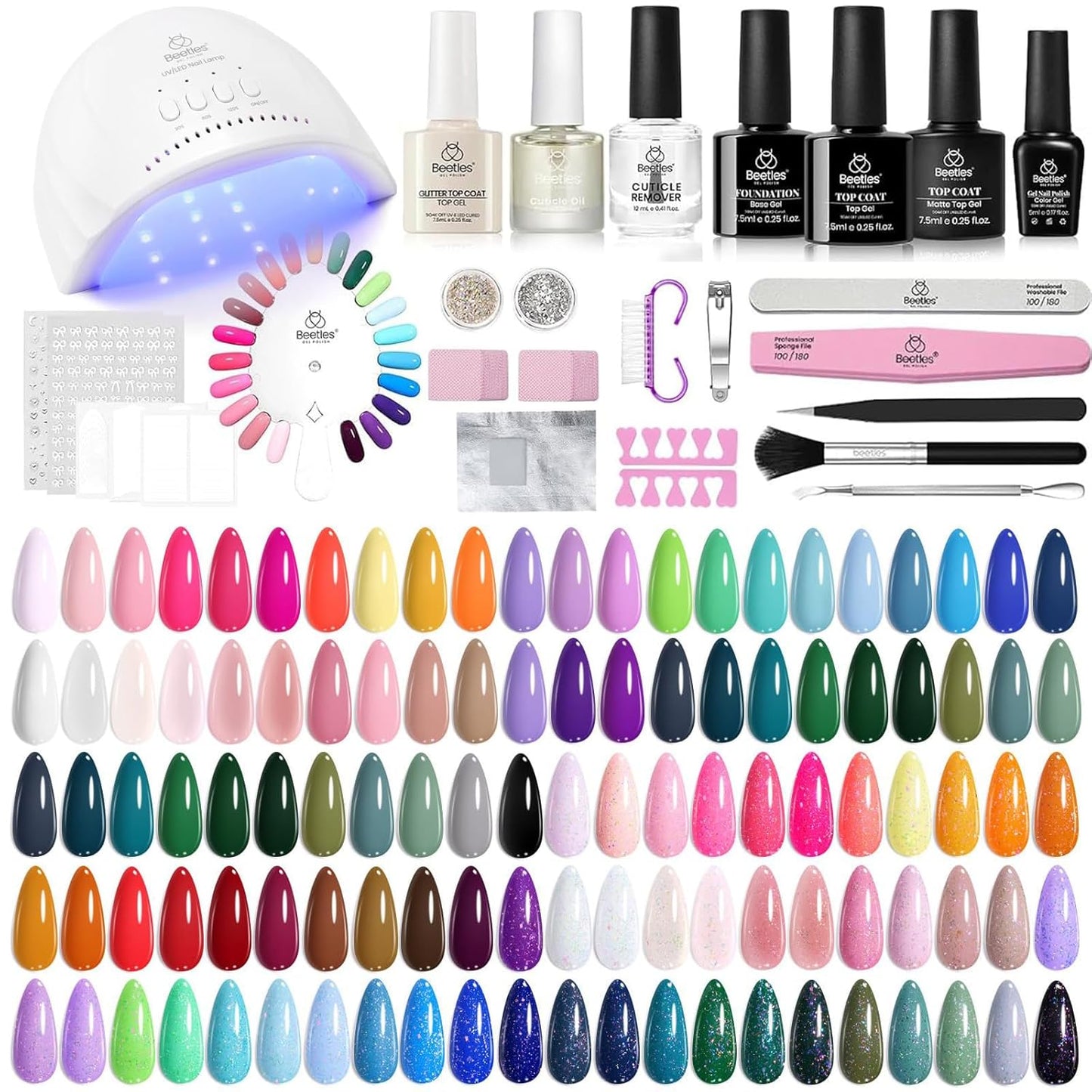 Beetles Gel Nail Polish Kit with U V Light - 80Pcs Color Enchantment 55 Colors Gel Polish Starter Kit with Base Top Coat DIY Nails Supply Stickers Manicure Tools Home Salon Gift for Women Teens Girls