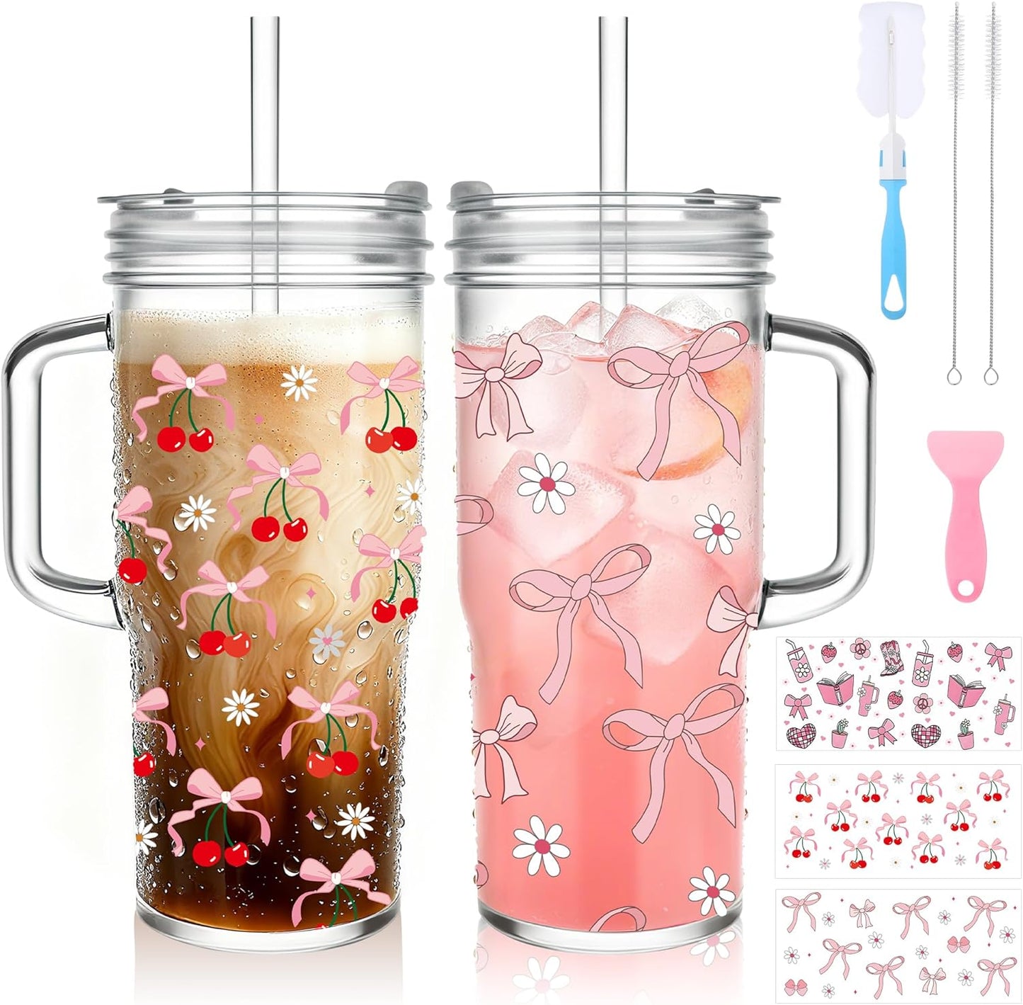 Birity 24oz Glass Cups with Lids and Straws,Glass Tumbler with Handle,2 set–Reusable Glass Ice Coffee Cups with Lid and Straw for Smoothies,Tea,Juice,Boba Cup for Cold & Hot Drinks,Travel Cup