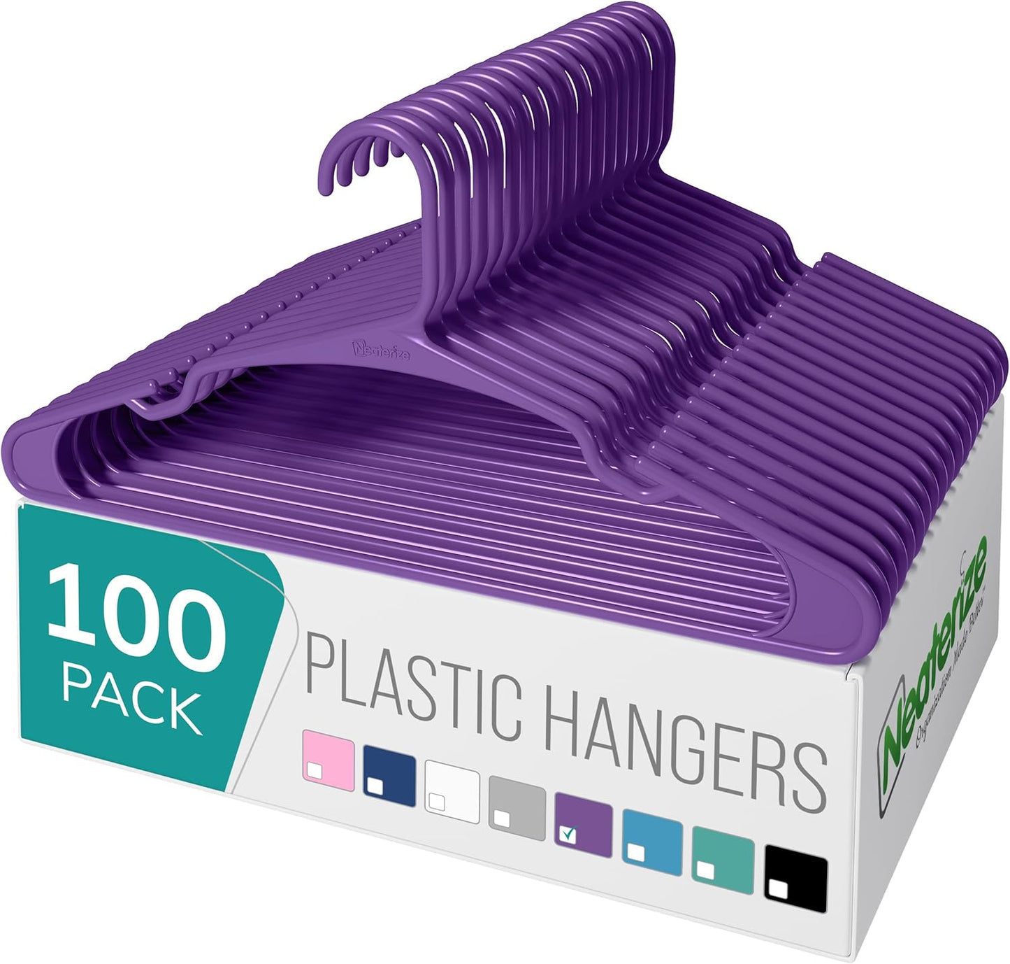 NEATERIZE Clothes Hangers Plastic 100 Pack for Adults - Plastic Hangers, The Perfect Coat Hanger and Space Saving Clothes Hangers for Closet - White Hangers
