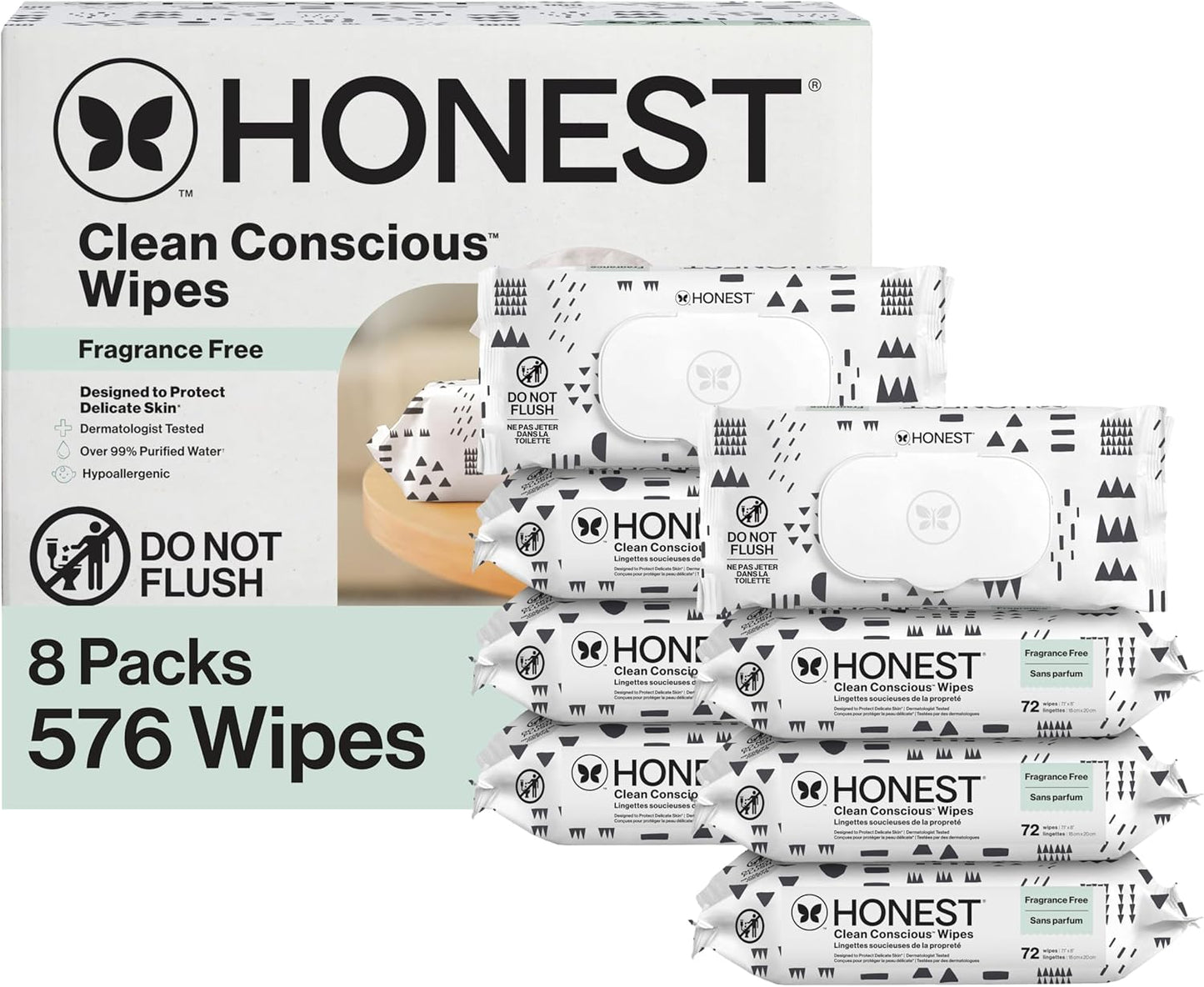 The Honest Company Baby Wipes for Sensitive Skin, Hypoallergenic, Fragrance-Free, Multi-Use, Pattern Play Design, 720 Count (8 Packs of 90)