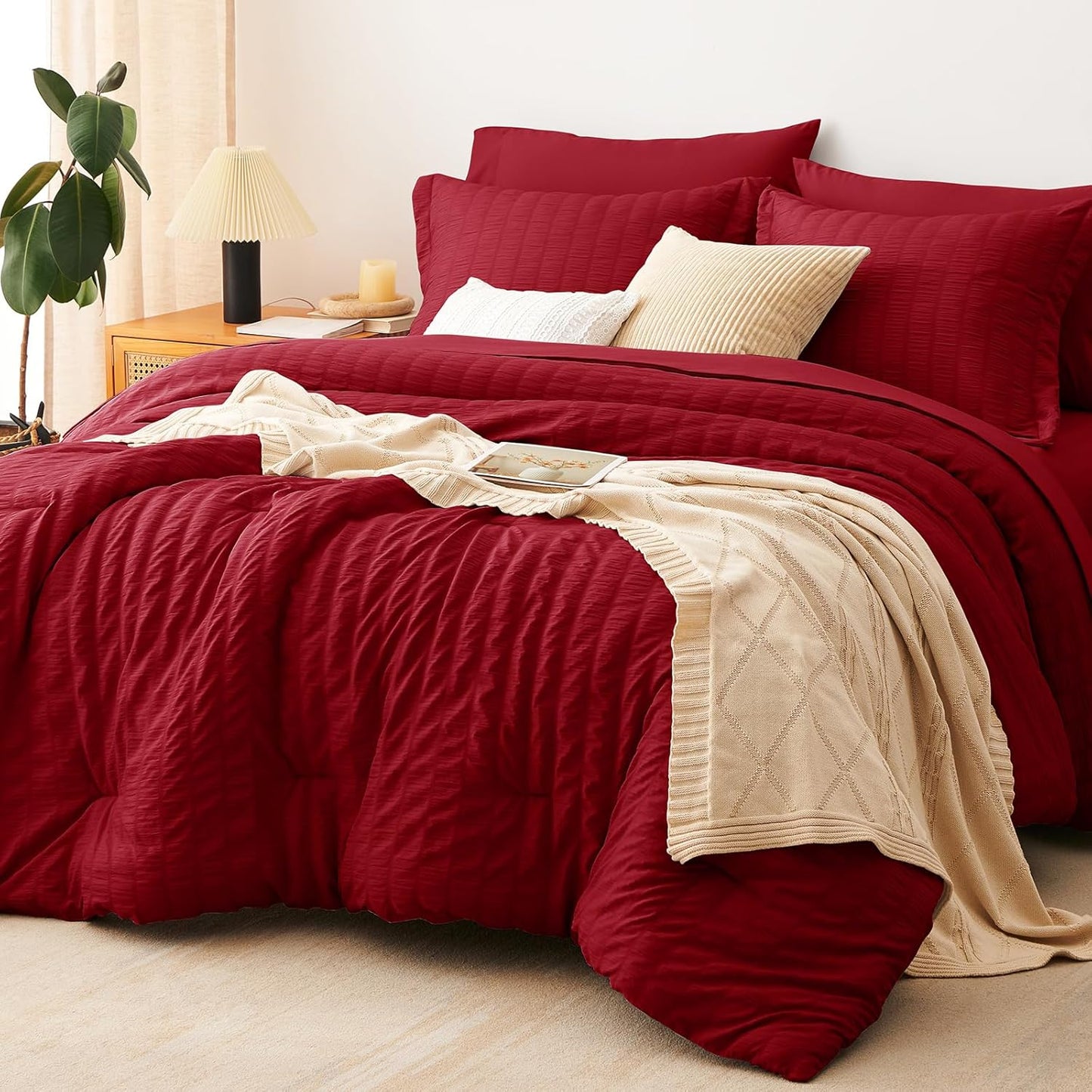 CozyLux Queen Comforter Set White Seersucker 7 Pieces Bed in a Bag Queen Comforter Set with Sheets, Luxury Soft Bedding Set with Down Alternative Comforter, Sheets, Pillowcases & Shams for All Seasons