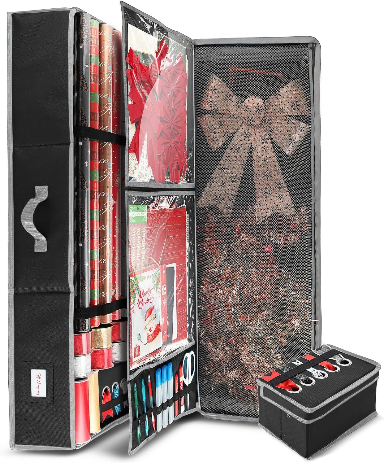 Hearth & Harbor Wrapping Paper Storage Container with Ribbon Dispenser and Interior Pockets - Large Christmas Storage Containers with Wheels, Fits 30 Rolls of 40" Length, Blue