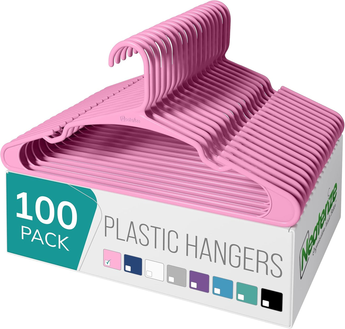 NEATERIZE Clothes Hangers Plastic 100 Pack for Adults - Plastic Hangers, The Perfect Coat Hanger and Space Saving Clothes Hangers for Closet - White Hangers