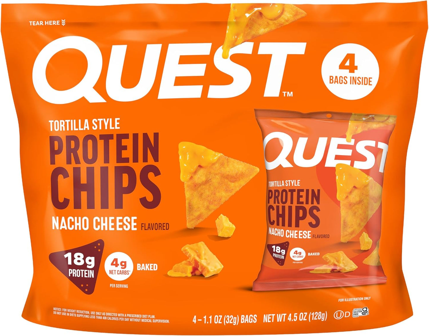 Quest Nutrition Nacho Cheese Tortilla Style Protein Chips, 18g Protein, 4g Net Carb, Low Carb, Gluten Free, 1.1 oz (Pack of 12)